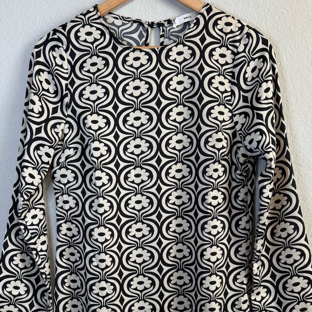 Mango Black Floral Printed Long Sleeve Funky Psychedelic Print Mini Dress Size 4 - Picture 3 of 13